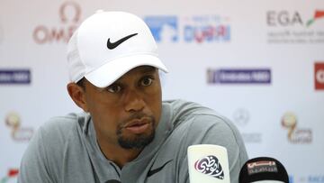 DUBAI, UNITED ARAB EMIRATES - FEBRUARY 01: Tiger Woods of the USA addresses a press conference during the pro-am ahead of the Omega Dubai Desert Classic at Emirates Golf Club on February 1, 2017 in Dubai, United Arab Emirates. (Photo by Warren Little/Getty Images)