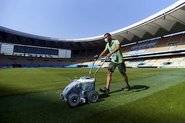 Un operario cuida el césped de La Cartuja, que será escenario de los partidos que disputará España en esta Eurocopa contra Suecia, Polonia y Eslovaquia. Además, el estadio sevillano también acogerá un partido de octavos de final.