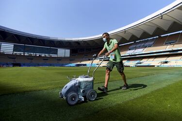 Un operario cuida el césped de La Cartuja, que será escenario de los partidos que disputará España en esta Eurocopa contra Suecia, Polonia y Eslovaquia. Además, el estadio sevillano también acogerá un partido de octavos de final.