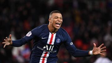 Paris Saint-Germain&#039;s French forward Kylian Mbappe celebrates after scoring a goal during the French L1 football match between Paris Saint-Germain (PSG) and Dijon, on February 29, 2020 at the Parc des Princes stadium in Paris. (Photo by FRANCK FIFE /