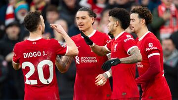 Liverpool (United Kingdom), 10/02/2024.- Darwin Nunez of Liverpool celebrates after scoring the fourth goal during the English Premier League match between Liverpool and Burnley in Liverpool , Britain, 10 February 2024. (Reino Unido) EFE/EPA/PETER POWELL EDITORIAL USE ONLY. No use with unauthorized audio, video, data, fixture lists, club/league logos, 'live' services or NFTs. Online in-match use limited to 120 images, no video emulation. No use in betting, games or single club/league/player publications.
