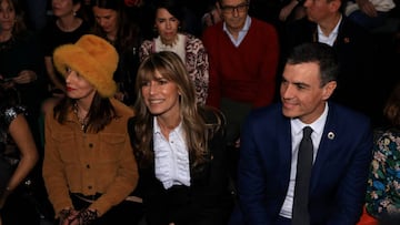 MADRID, SPAIN - FEBRUARY 17: (EDITORIAL USE ONLY) Luz Casal, Maria Begoña Gomez and Pedro Sanchez are seen on the front row ahead of the Teresa Helbig fashion show during Mercedes Benz Fashion Week Madrid February 2023 edition at IFEMA on February 17, 2023 in Madrid, Spain. (Photo by Aldara Zarraoa/Getty Images)