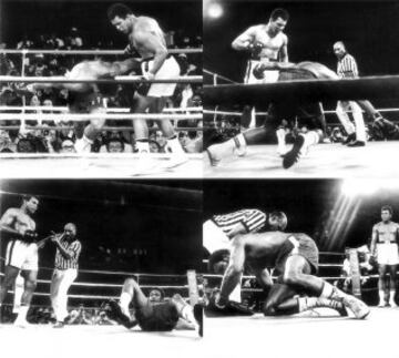 30 de Octubre de 1974. George Foreman, vigente campeón del mundo y Muhammad Ali, aspirante y apartado dos años del boxeo, libraron el 'último combate del siglo' en Kinshasa (entonces Zaire y hoy Congo). En la imágen el arbitro Zack Clayton lleva a la esquina al aspirante tras noquear al campeón en el octavo asalto. 