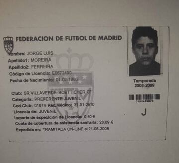 La ficha de Jorge Moreira en la Federación de Fútbol de Madrid con el Villaverde Boetticher.