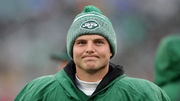 Dec 3, 2023; East Rutherford, New Jersey, USA; New York Jets quarterback Zach Wilson (2) reacts on the sideline during the first quarter against the Atlanta Falcons at MetLife Stadium. Mandatory Credit: Brad Penner-USA TODAY Sports