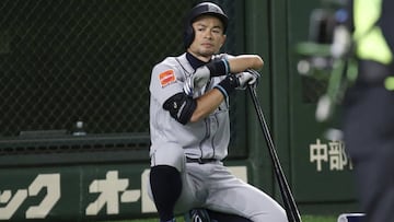 Seattle Mariners' Ichiro Suzuki waits for batting against the Yomiuri Giants in the fourth inning of their preseason exhibition baseball game at Tokyo Dome in Tokyo, Monday, March 18, 2019. (AP Photo/Koji Sasahara)