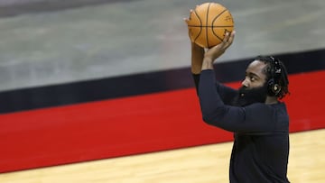 HOUSTON, TEXAS - DECEMBER 17: James Harden #13 of the Houston Rockets warms up prior to facing the San Antonio Spurs at the Toyota Center on December 17, 2020 in Houston, Texas. NOTE TO USER: User expressly acknowledges and agrees that, by downloading and