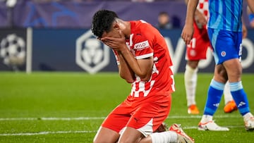 GIRONA, 22/10/2024.- El jugador del Girona, Bojan Miovski, durante el encuentro correspondiente a la fase regular de la Liga de Campeones que disputan hoy martes Girona y Sl. Bratislava en el estadioo Montilivi, en Girona. EFE/ David Borrat.