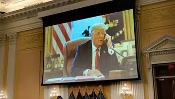 Former US President Donald Trump is seen on a screen as the US House Select Committee to Investigate the January 6 Attack on the US Capitol holds its third public hearing, on Capitol Hill in Washington, DC, on June 16, 2022. (Photo by OLIVIER DOULIERY / AFP) (Photo by OLIVIER DOULIERY/AFP via Getty Images)