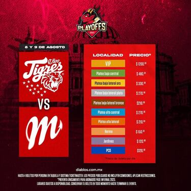 ¿Cuánto cuestan los boletos para la serie Diablos vs Tigres?