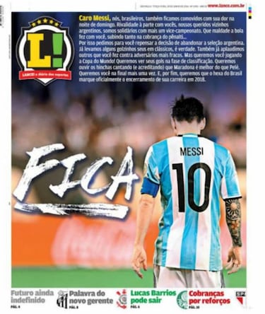 En su portada, diario brasileño le pide a Messi que se quede