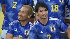 DOHA, QATAR - NOVEMBER 19: Yuto Nagatomo and Gaku Shibasaki are seen during the Japan training session on November 19, 2022 in Doha, Qatar. (Photo by Etsuo Hara/Getty Images)