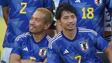 DOHA, QATAR - NOVEMBER 19: Yuto Nagatomo and Gaku Shibasaki are seen during the Japan training session on November 19, 2022 in Doha, Qatar. (Photo by Etsuo Hara/Getty Images)