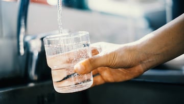 Close up of a woman's hand filling a glass of filtered water right from the tap in the kitchen sink at home