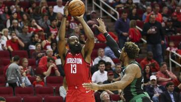 Dec 27, 2018; Houston, TX, USA; Houston Rockets guard James Harden (13) shoots the ball over Boston Celtics guard Marcus Smart (36) during the third quarter at Toyota Center. Mandatory Credit: Troy Taormina-USA TODAY Sports
