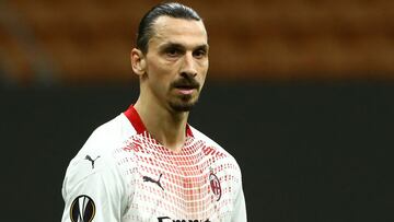 MILAN, ITALY - FEBRUARY 25: Zlatan Ibrahimovic of Milan looks on during the UEFA Europa League Round of 32 match between AC Milan and Crvena Zvezda at San Siro Stadium on February 25, 2021 in Milan, Italy. Sporting stadiums around Italy remain under stric