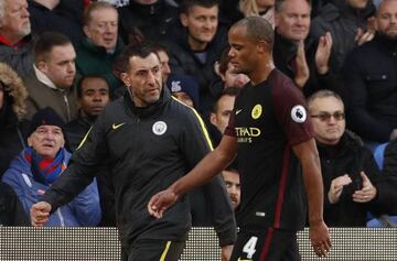 Manchester City's Vincent Kompany is substituted because of an injury