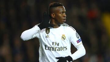 BRUGGE, BELGIUM - DECEMBER 11: Vinicius Junior of Real Madrid celebrates after scoring his team's second goal during the UEFA Champions League group A match between Club Brugge KV and Real Madrid at Jan Breydel Stadium on December 11, 2019 in Brugge,