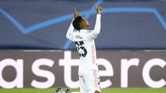 Real Madrid&#039;s Rodrygo celebrates his goal. 