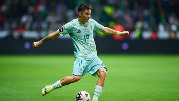 Rodrigo Huescas of Mexico during the Quarterfinals second leg match between Mexican National Team (Mexico) and Honduras as part of the Concacaf Nations League 2024-2025 at Nemesio Diez Stadium on November 19, 2024 in Toluca, Estado de Mexico, Mexico.