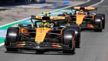 McLaren's British driver Lando Norris (L) and McLaren's Australian driver Oscar Piastri drive during the qualifying session at the Red Bull Ring race track in Spielberg, Austria, on June 28, 2025, ahead of the Formula One Austrian Grand Prix. (Photo by Darko Bandic / POOL / AFP)