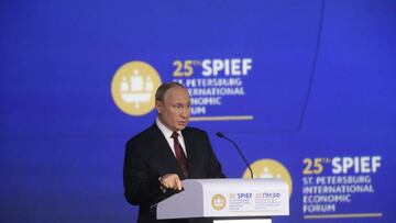 SAINT PETERSBURG, RUSSIA - JUNE 17: (RUSSIA OUT) Russian President Vladimir Putin speeches at the plenary session during the Saint Petersburg Economic Forum SPIEF 2022, June,17,2022, in Saint Petersburg, Russia. Most Western business executives and leaders will be missing from the Russia's annual economic forum amid harsh sanctions against Russian after the country's military invasion of Ukraine. (Photo by Contributor/Getty Images)