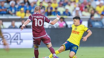 Aug 17, 2024; Carson, California, USA; Colorado Rapids midfielder Djordje Mihailovic (10) and Club America midfielder Richard Sanchez (20) battle for possession in a Leagues Cup quarterfinal match at Dignity Health Sports Park. Mandatory Credit: William Navarro-USA TODAY Sports