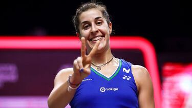 This handout from the Badminton Association of Thailand taken and released on January 24, 2021 shows Spain's Carolina Marin celebrating after the women's singles final match where she beat Taiwan's Tai Tzu Ying at the Toyota Thailand Open badminton tourna