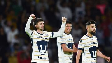 Pumas' Argentine forward Ignacio Pussetto (L) celebrates after scoring during the Liga MX Apertura tournament football match between Pumas and Tijuana at the Olimpico Universitario (UNAM) stadium, in Mexico City, Mexico, on September 22, 2024. (Photo by Rodrigo Oropeza / AFP)