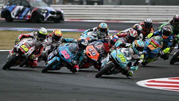 Leopard Racing's Spanish rider Angel Piqueras #36 leads after the start of the San Marino Moto3 race at the Misano World Circuit Marco-Simoncelli in Misano Adriatico on September 8, 2024. (Photo by Gabriel BOUYS / AFP)