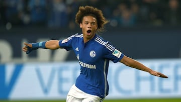 Schalke&#039;s midfielder Leroy Sane celebrates scoring during the German first division Bundesliga football match FC Schalke 04 v Eintracht Frankfurt in Gelsenkirchen, on September 23, 2015.    AFP PHOTO / PATRIK STOLLARZ
 
 RESTRICTIONS: DURING MATCH TIME: DFL RULES TO LIMIT THE ONLINE USAGE TO 15 PICTURES PER MATCH AND FORBID IMAGE SEQUENCES TO SIMULATE VIDEO. 
 ==RESTRICTED TO EDITORIAL USE ==
 FOR FURTHER QUERIES PLEASE  CONTACT THE  DFL DIRECTLY AT + 49 69 650050.