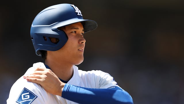 Jun 22, 2025; Los Angeles, California, USA; Los Angeles Dodgers two-way player Shohei Ohtani (17) looks on during the sixth inning against the Washington Nationals at Dodger Stadium. Mandatory Credit: Kiyoshi Mio-Imagn Images