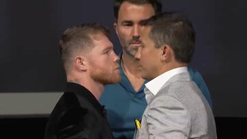 Canelo Álvarez y Gennady Golovkin en la rueda de prensa de su tercera pelea.