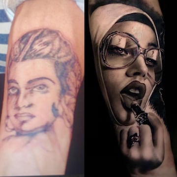 La evolución del artista español: a la izquierda su primer tatuaje en 2007 y a la derecha un tatuaje reciente.