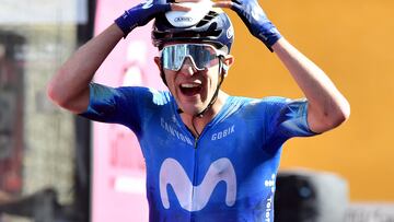 Cycling - Giro d'Italia - Stage 6 - Viareggio to Rapolano Terme - Italy - May 9, 2024 Movistar Team's Pelayo Sanchez celebrates after winning stage 6 REUTERS/Jennifer Lorenzini