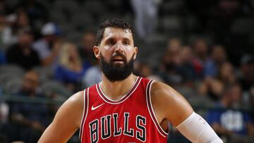 DALLAS, TX - OCTOBER 4: Nikola Mirotic #44 of the Chicago Bulls looks on during the game against the Dallas Mavericks on October 4, 2017 at the American Airlines Center in Dallas, Texas. NOTE TO USER: User expressly acknowledges and agrees that, by downloading and or using this photograph, User is consenting to the terms and conditions of the Getty Images License Agreement. Mandatory Copyright Notice: Copyright 2017 NBAE (Photo by Glenn James/NBAE via Getty Images)