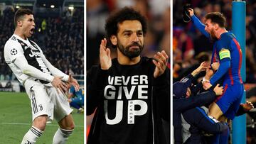 Cristiano, Messi y Salah en varias im&aacute;genes ic&oacute;nicas de remontadas en la Champions League. 