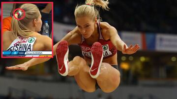 Klishina, en pleno salto. A la izquierda, detalle de su coleta con la goma con los colores de Rusia.