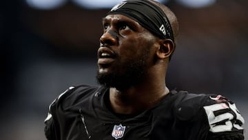 LAS VEGAS, NEVADA - DECEMBER 18: Chandler Jones #55 of the Las Vegas Raiders looks on during an NFL football game between the Las Vegas Raiders and the New England Patriots at Allegiant Stadium on December 18, 2022 in Las Vegas, Nevada. (Photo by Michael Owens/Getty Images)