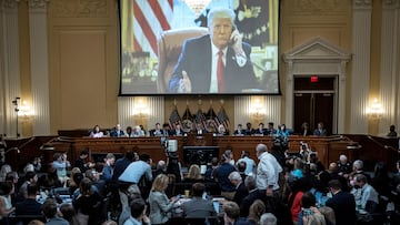 An image of former President Donald Trump is displayed during the third hearing of the House Select Committee to Investigate the January 6th Attack on the U.S. Capitol in the Cannon House Office Building, at Capitol Hill, in Washington, June 16, 2022.