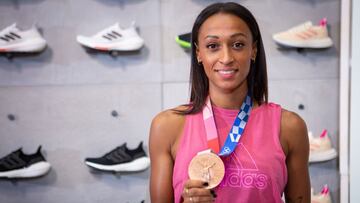 MADRID, SPAIN - AUGUST 09: Ana Peleteiro of Team Spain speaks to the media after winning the bronze medal at the Tokyo 2020 Olympic Games on August 09, 2021 in Madrid, Spain. (Photo by Pablo Cuadra/Getty Images)