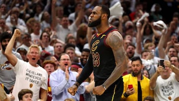 CLEVELAND, OH - MAY 25: LeBron James of the Cleveland Cavaliers reacts after a basket in the fourth quarter against the Boston Celtics during Game Six of the 2018 NBA Eastern Conference Finals at Quicken Loans Arena on May 25, 2018 in Cleveland, Ohio. NOTE TO USER: User expressly acknowledges and agrees that, by downloading and or using this photograph, User is consenting to the terms and conditions of the Getty Images License Agreement.   Gregory Shamus/Getty Images/AFP
 == FOR NEWSPAPERS, INTERNET, TELCOS &amp; TELEVISION USE ONLY ==