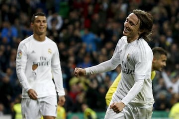 Modric celebrates scoring Real's third against Villarreal.