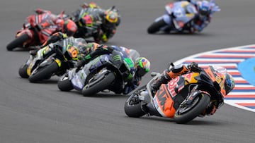 Riders compete during the Argentina Grand Prix MotoGP sprint race, at Termas de Rio Hondo circuit, in Santiago del Estero, Argentina, on April 1st, 2023. (Photo by JUAN MABROMATA / AFP)