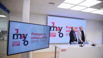 (I-D) Los secretarios generales de UGT y CCOO, Pepe Álvarez y Unai Sordo, ofrecen una rueda de prensa con motivo de la celebración del Primero de Mayo, Día Internacional del Trabajo, en la sede de CCOO, a 21 de abril de 2025, en Madrid (España). Durante la comparecencia, han presentado los actos de celebración del Primero de Mayo, Día Internacional del Trabajo, que este año, se desarrolla bajo el lema “Proteger lo conquistado, ganar futuro”.
21 ABRIL 2025;TRABAJADORES;UNO DE MAYO;COMISIONES OBRERAS;DÍA DEL TRABAJADOR
Jesús Hellín / Europa Press
21/04/2025