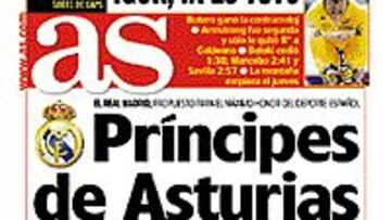 <B>PORTADA DEL DIARIO AS.</B> Esta es la portada del Diario AS en la que se informaba sobre la candidatura al premio Príncipe de Asturias.