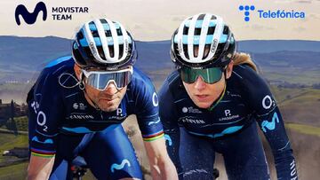 Cartel promocional del Movistar Team para la Strade Bianche con Alejandro Valverde y Annemiek Van Vleuten como l&iacute;deres de los equipos masculino y femenino.