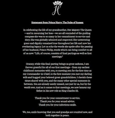 Comunicado del pr¨ªncipe Harry tras la muerte de la reina