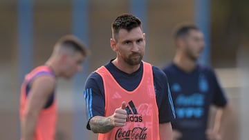 Argentina's forward Lionel Messi gives a thumbs up during a training session in Ezeiza, Buenos Aires, on October 10, 2023, ahead of FIFA World Cup 2026 qualifier football matches against Paraguay and Peru. (Photo by JUAN MABROMATA / AFP)