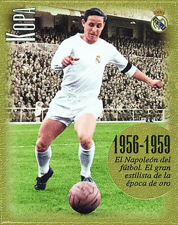 Legendary president Santiago Bernabéu was so impressed with Kopa in the 1956 final that he decided to sign him from Stade de Reims. An elegant, classy No.7, Kopa won the European Cup in 1957, 1958 and 1959.